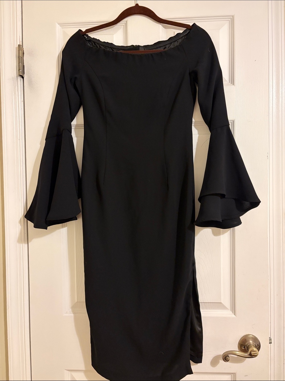 Bardot Black Off-Shoulder Midi Dress with Tiered Bell Sleeves - Picture 2 of 7